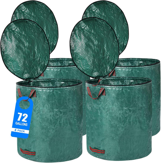 Paquete de 4 bolsas de basura reutilizables de 72 galones con tapa.